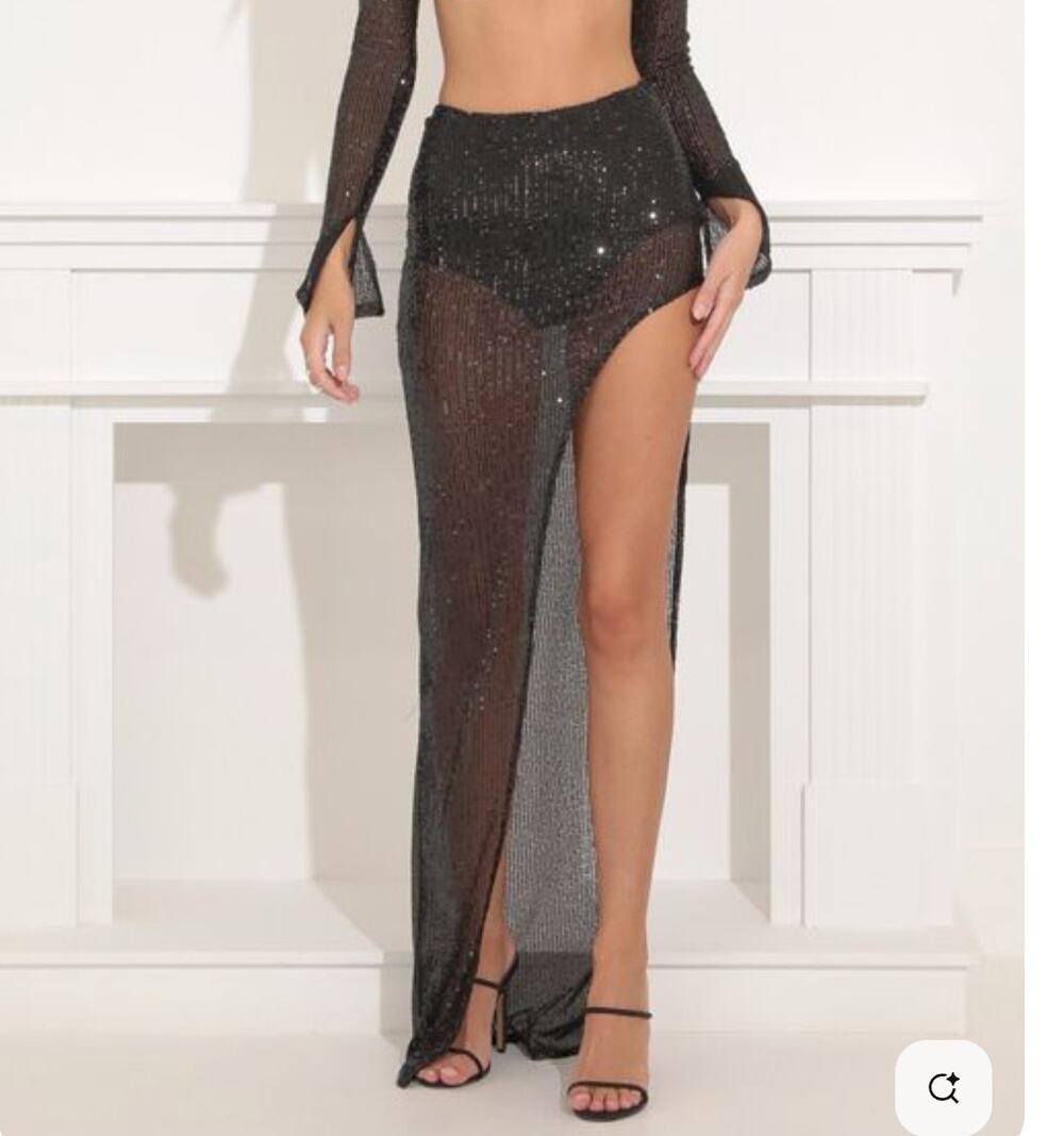 LUCY IN THE SKY | Doja Sheer Black Sequin Maxi Skirt with Leg Slit | Extra Small